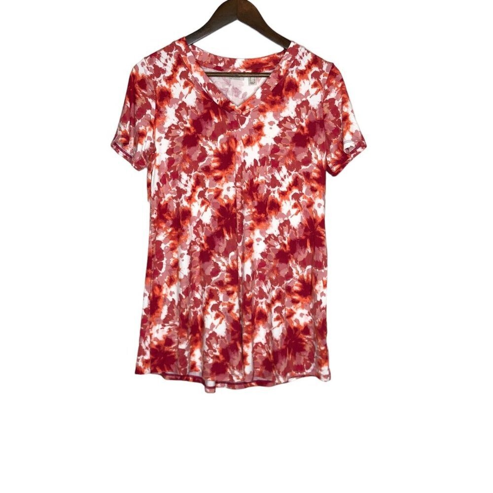 LOGO Lori Goldstein Orange, Red, and‎ White Short Sleeve Tunic Top Size Small